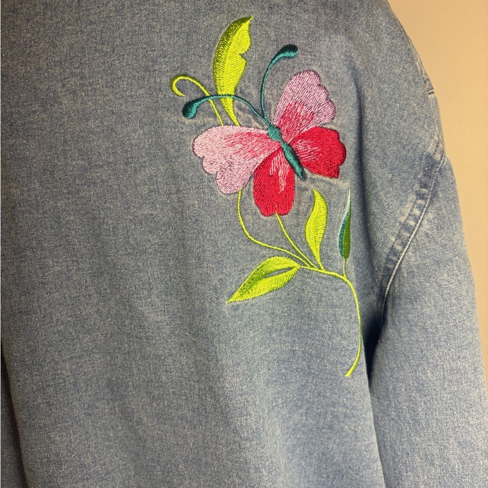 Denim & Co Embroidered Denim Jacket Butterfly Floral Boho L XL - Picture 5 of 12